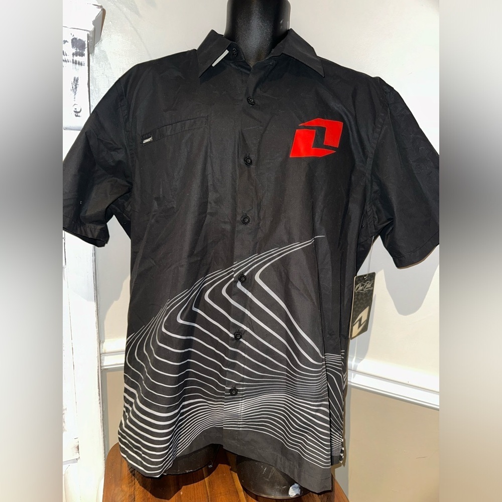NEW ONE Industries Black Button-Up Shirt with Red Logo